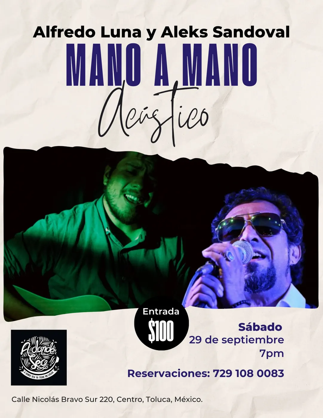 Cartel del acústico Mano a Mano con Alfredo Luna y Aleks Sandoval